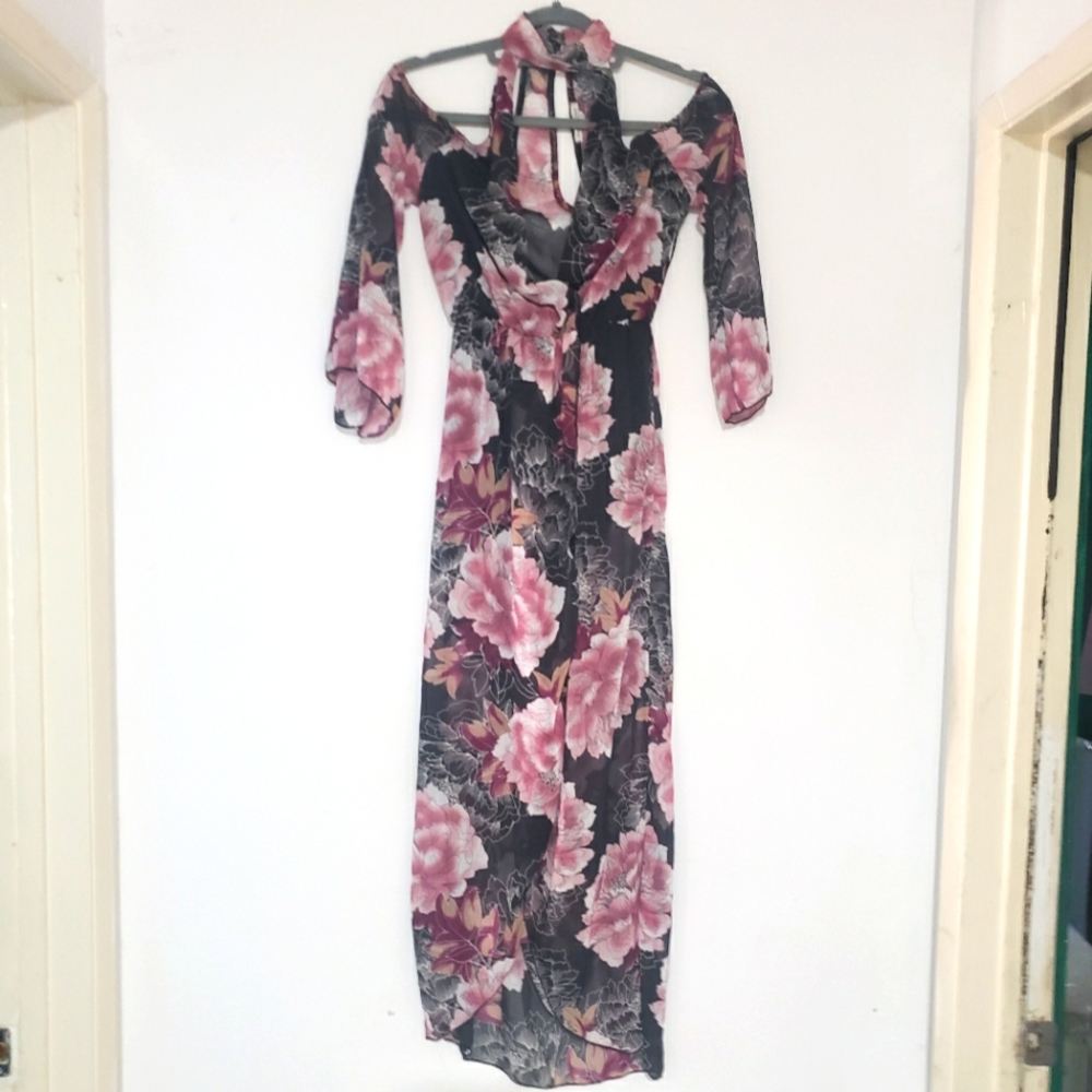 Charlotte Russe Sheer Black Floral V Neck Cold Shoulder Leotard Dress XS